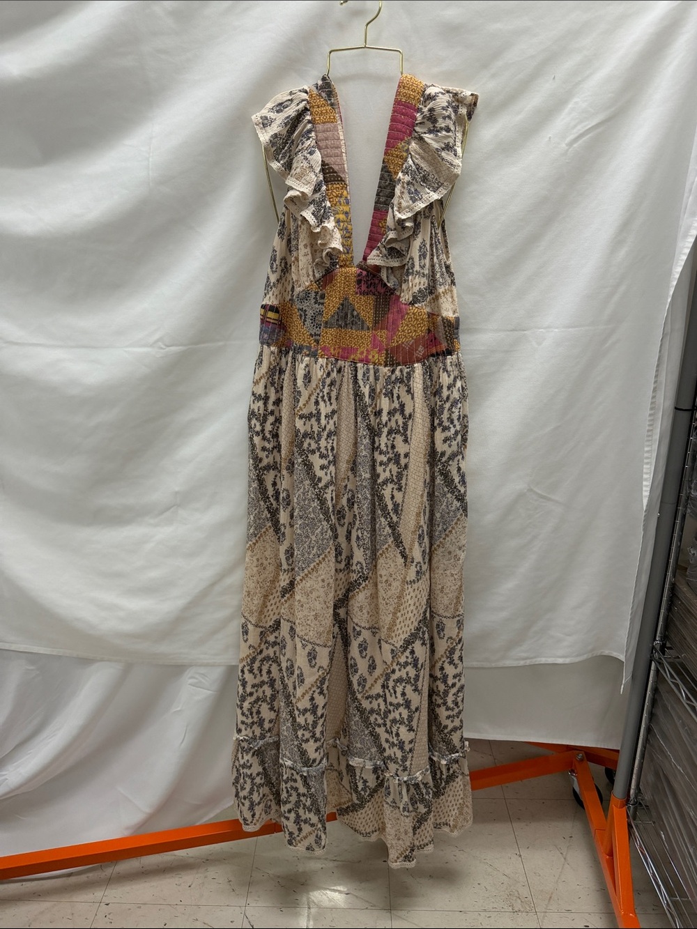 Anthropologie Cream Maxi Dress with Pink & Mustard Smocked Waist